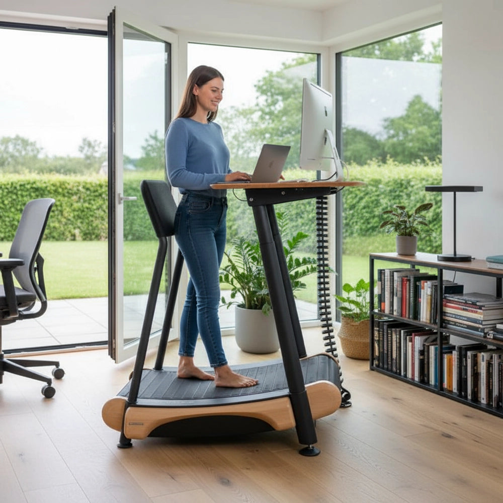 Woman using a treadmill desk in a home office setting